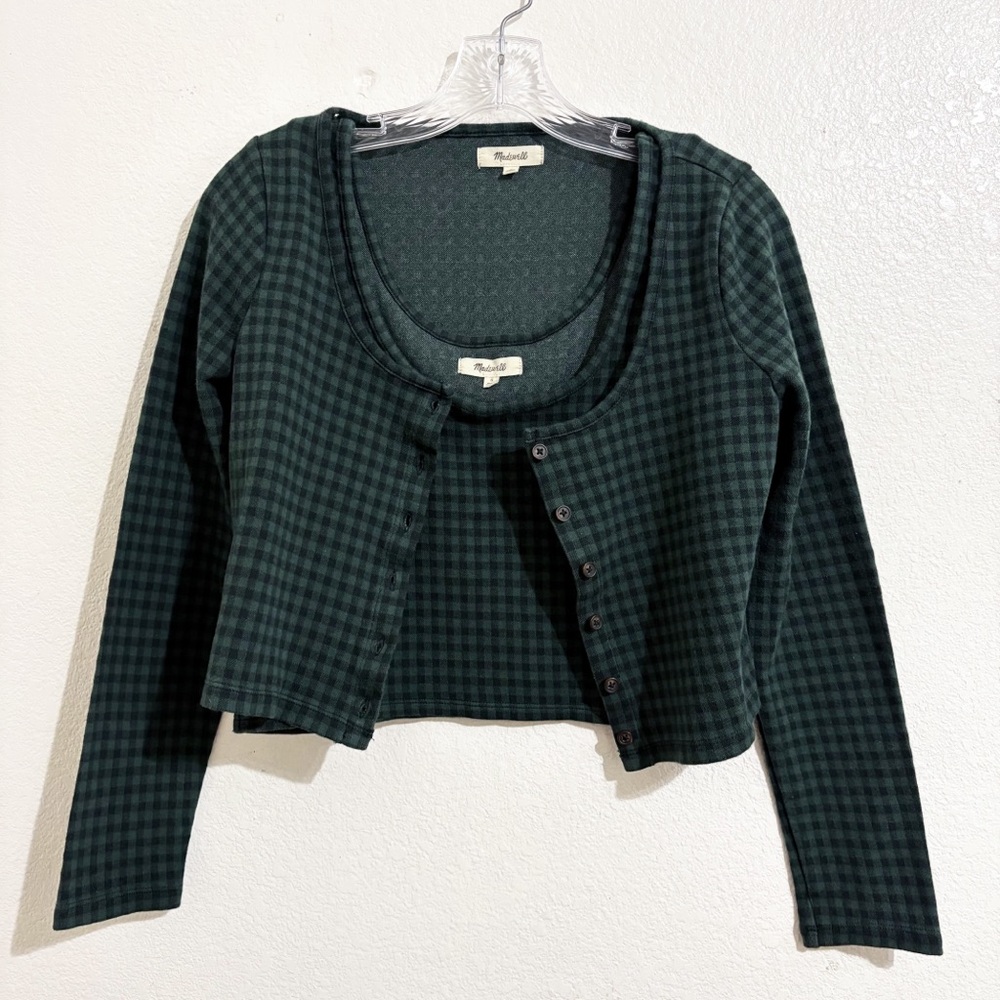 Madewell Jacquard Long Sleeve Cardigan & Tank Twin Set in Gingham Forest Green - Picture 4 of 14